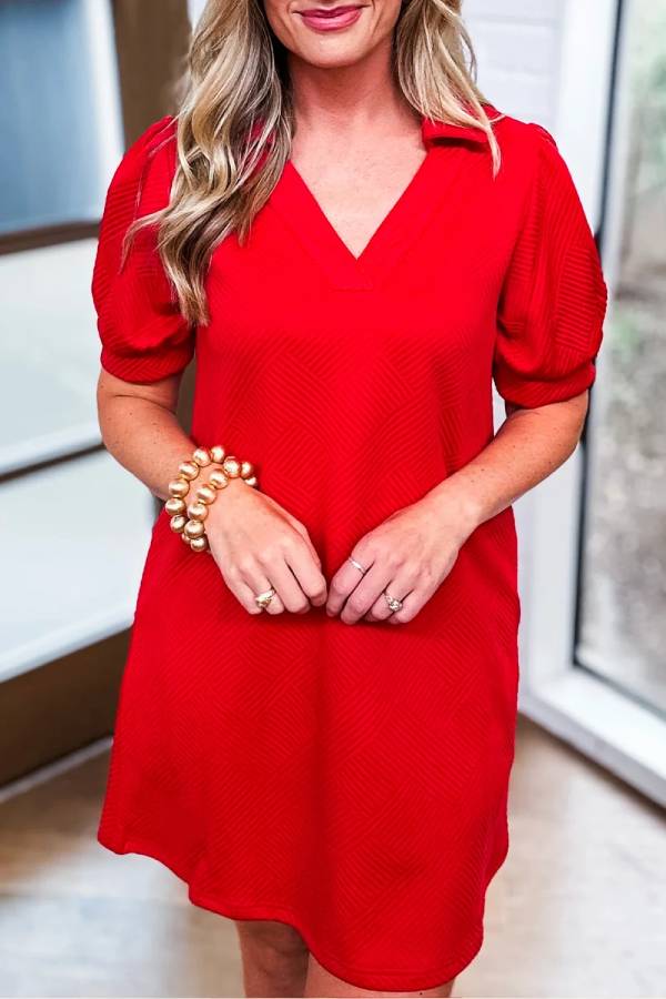 Audrey Minimalist Fiery Red Structured Mini Dress with V Neck and Puff Sleeves Evening Wear Edit