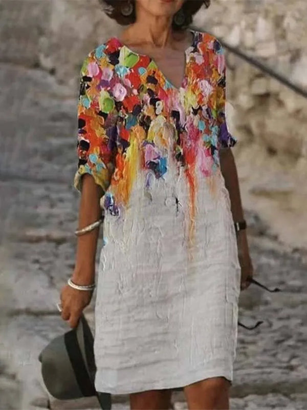 Sara Exclusive Women's Cotton and Linen Dress with Neckline and Print Oil Painting Evening Wear Edit