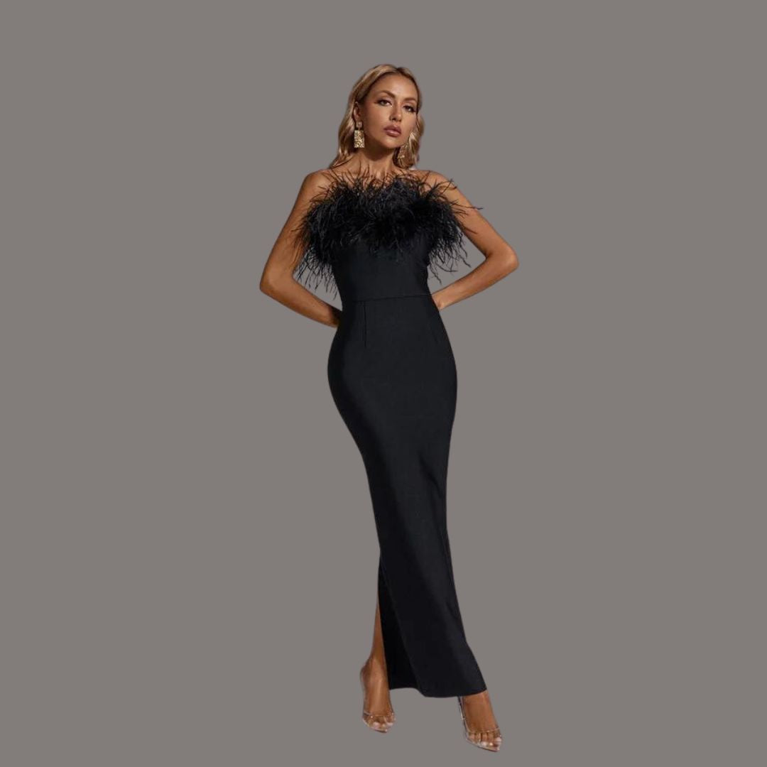 Fabiana Boutique Black Party Dress with Feathers Statement Occasion Edit