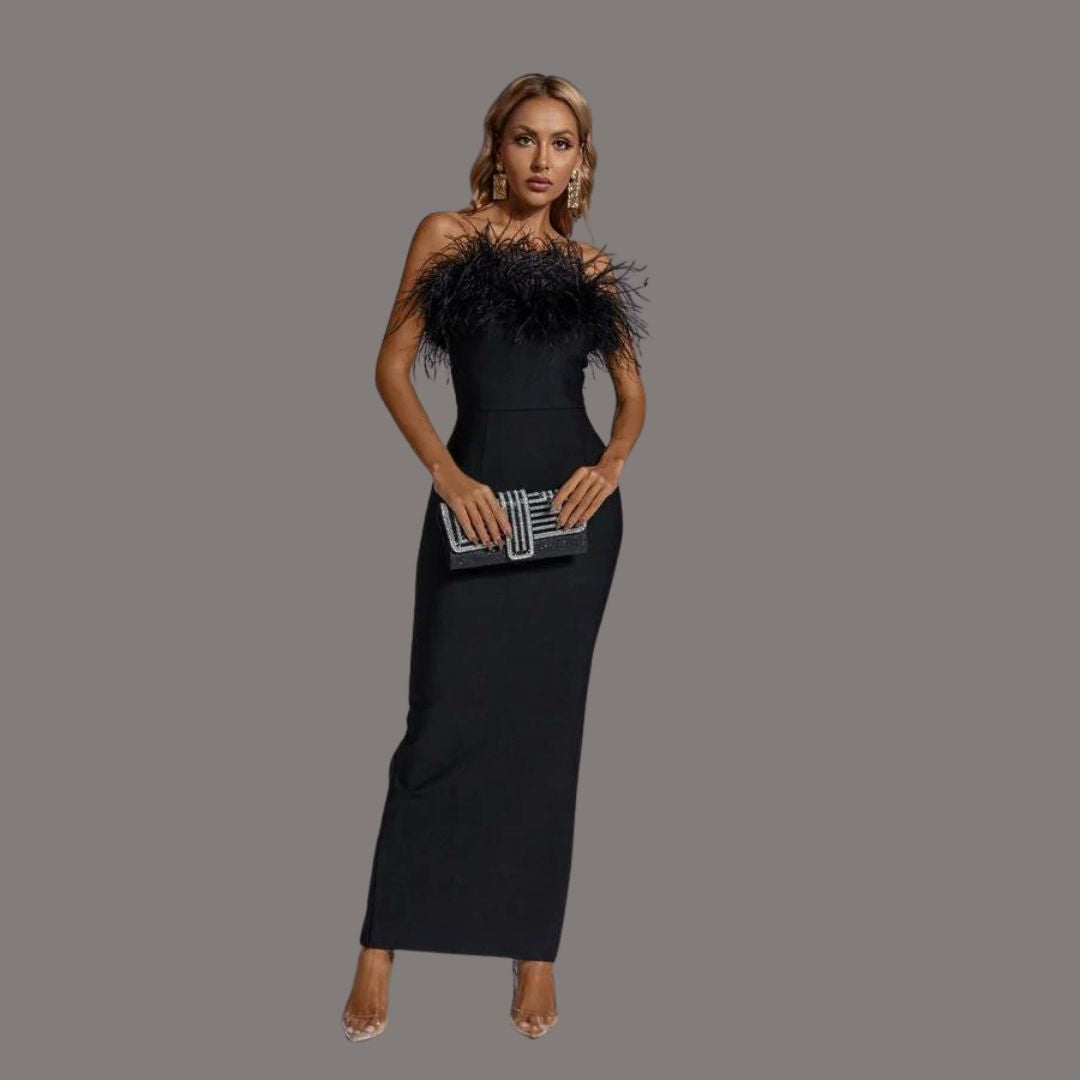 Fabiana Boutique Black Party Dress with Feathers Statement Occasion Edit