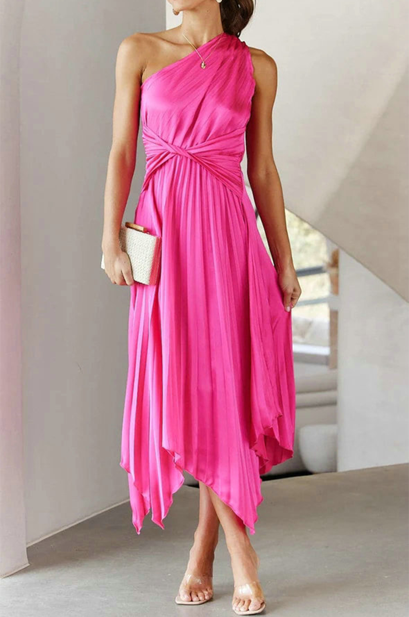 Claudia Statement One Shoulder Pleated Midi Dress Chic Silhouette Collection