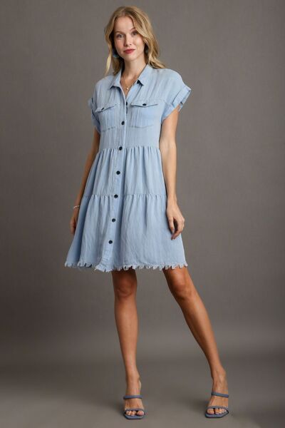 Aaliyah Minimalist Shirt Dress with Frayed Hem and Button Placket Premium Wardrobe Essential