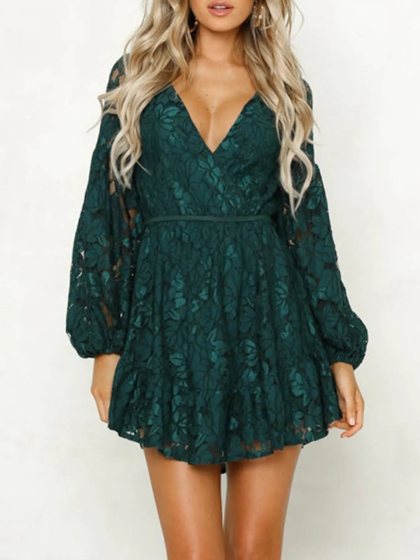 Petra Exclusive Chic Long Sleeved Lace Mini Dress with Deep V Neckline Designer Edit