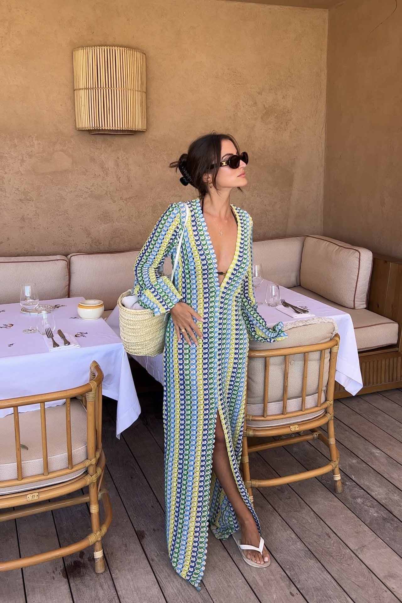 Pilar Chic Boho V Neck Bell Sleeve Maxi Dress, Wavy Striped Crochet Beach Holiday Dress Evening Wear Edit