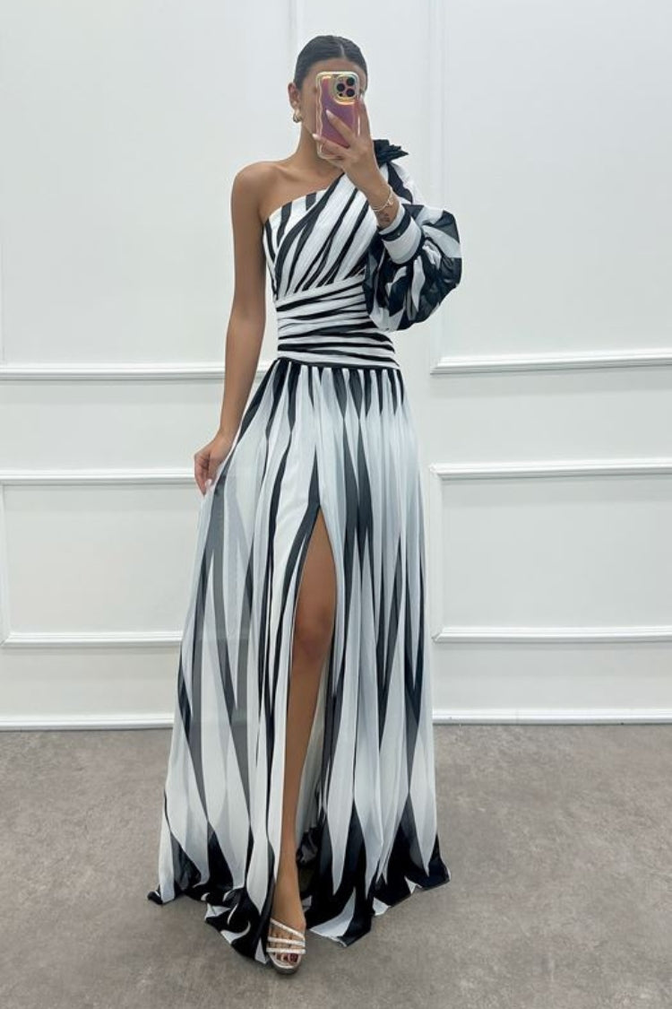 Roma Minimalist One Shoulder Dress with Rose Detail and Patterned Design Statement Occasion Edit