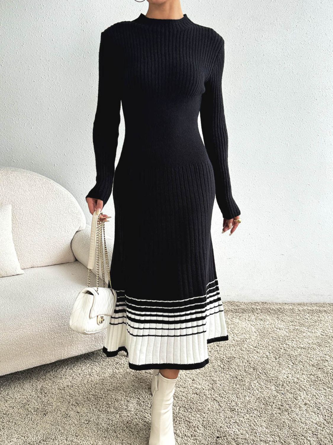 Cristina Timeless Contrasting Colored Sweater Dress with a Stand Up Collar and Long Sleeves Evening Wear Edit