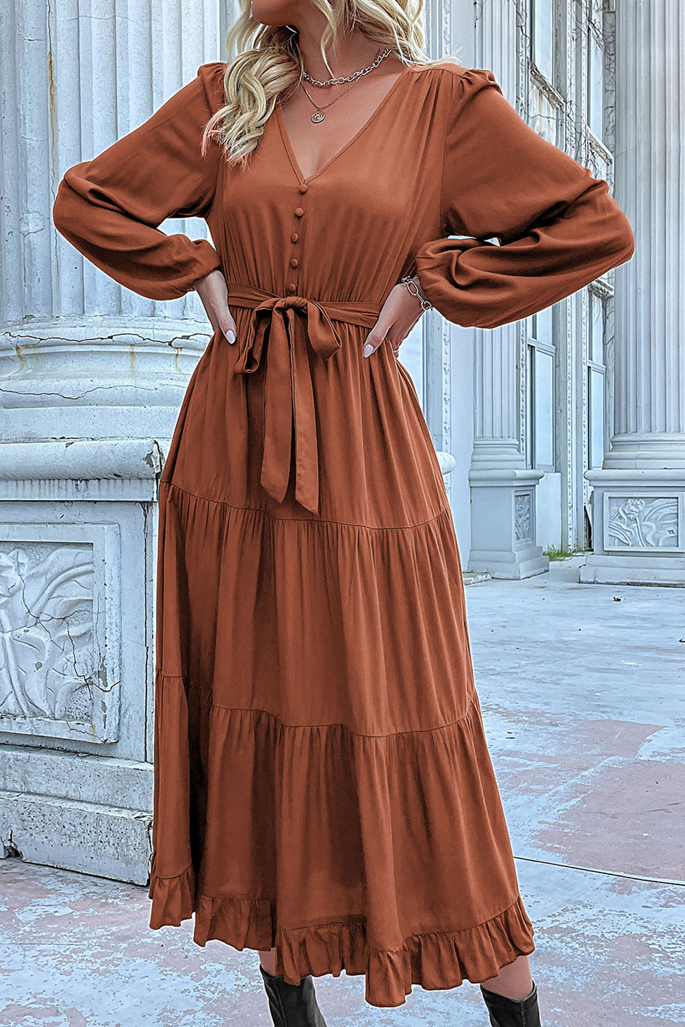 Scarlett Aesthetic Pleated Dress with Cinnamon Knots, Lantern Sleeves and Ruffled Hem Chic Silhouette Collection