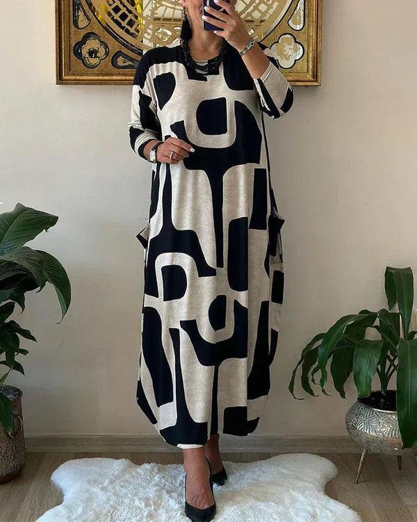 Simona Minimalist Long Sleeve Dress with Print Designer Edit
