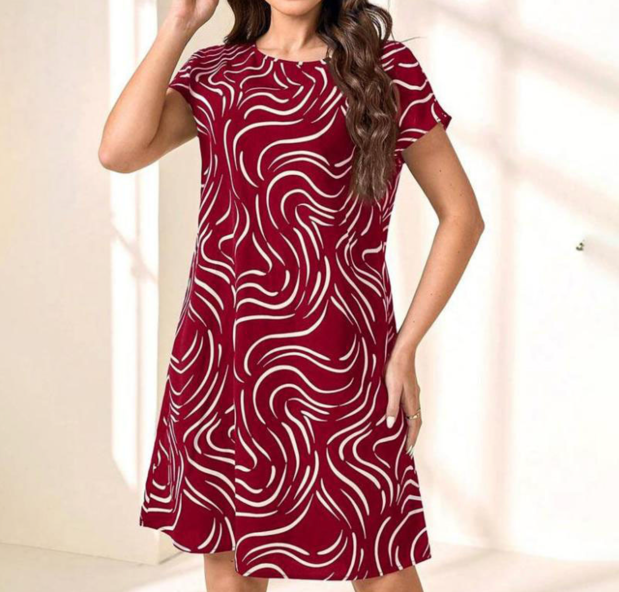 Raquel Effortless Abstract Print Round Neck Dress for Women Evening Wear Edit