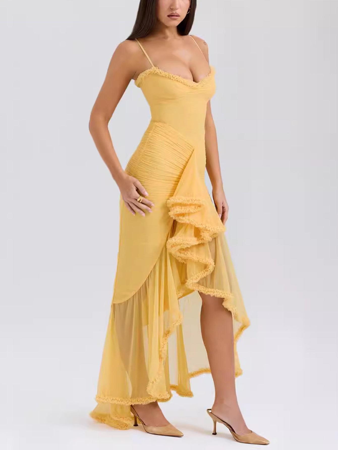Nora Premium Maxi Dress with Spaghetti Straps and Ruffles Elevated Occasion Wear
