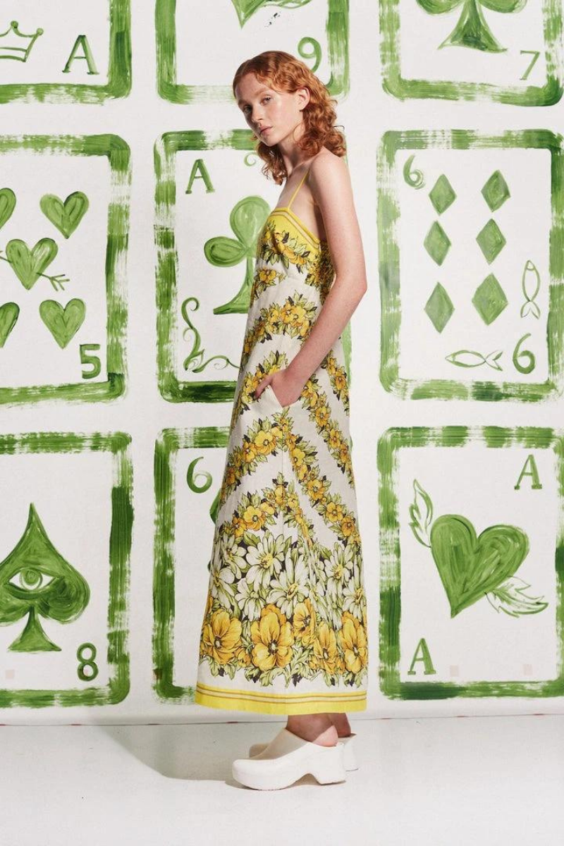 Wilhelmina Elevated Yellow Spaghetti Strap Maxi Dress with Floral Print Statement Occasion Edit