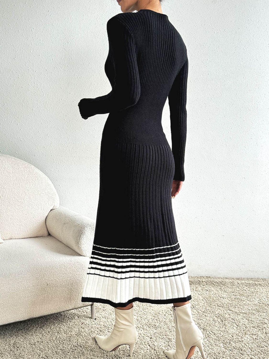 Cristina Timeless Contrasting Colored Sweater Dress with a Stand Up Collar and Long Sleeves Evening Wear Edit