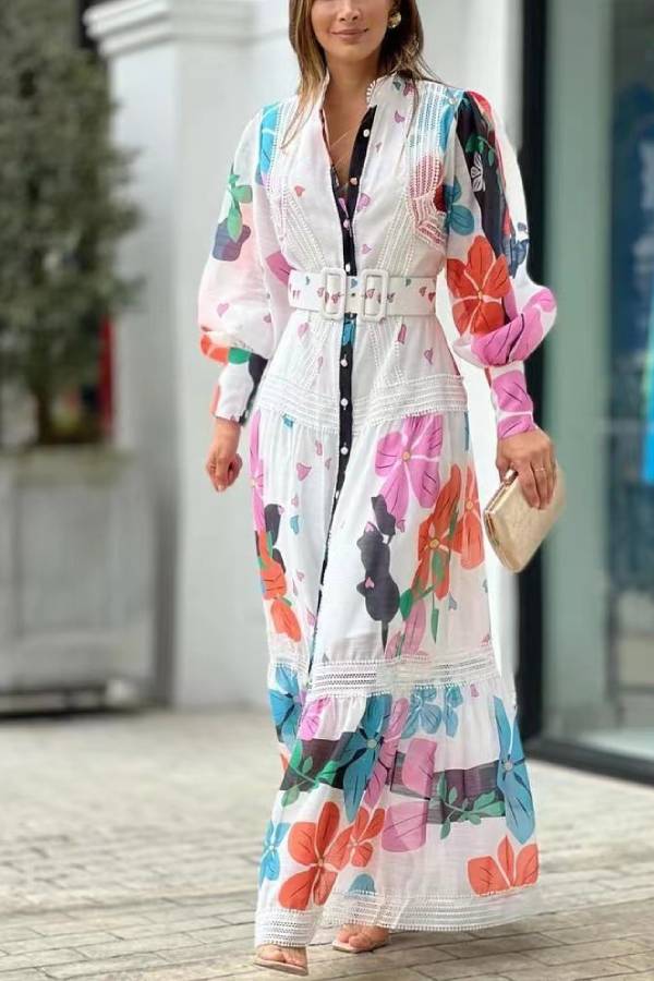 Madelyn Boutique Single Breasted, Long Sleeved Maxi Dress with Floral Print and Lace Inserts Chic Silhouette Collection
