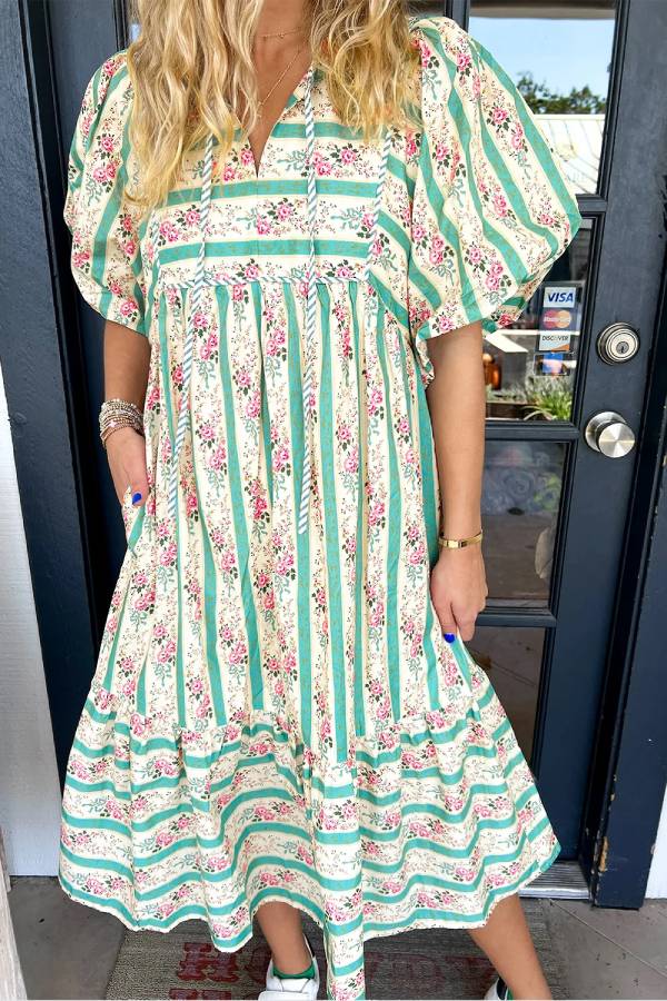 Daniela Elevated Multicolored Floral Striped V Neck Long Dress in Boho Style Designer Edit