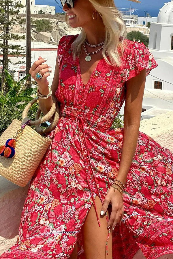 Oriana Boutique Summer in Greece Boho Print, Ruffle Sleeves, Elastic Waist, High Low Midi Dress Premium Wardrobe Essential
