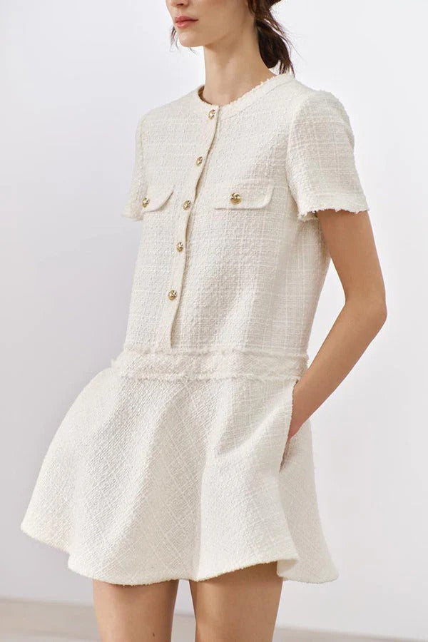 Rebekah Elevated 1960s London Girl Mini Dress in Textured Tweed with Gold Buttons and Short Sleeves and Pockets Boutique Collection