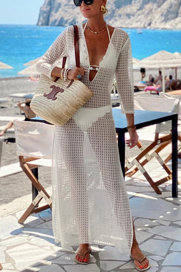 Kimberly Timeless Beach Life Crochet Lace Scoop Neck Half Sleeve Holiday Maxi Dress Designer Edit