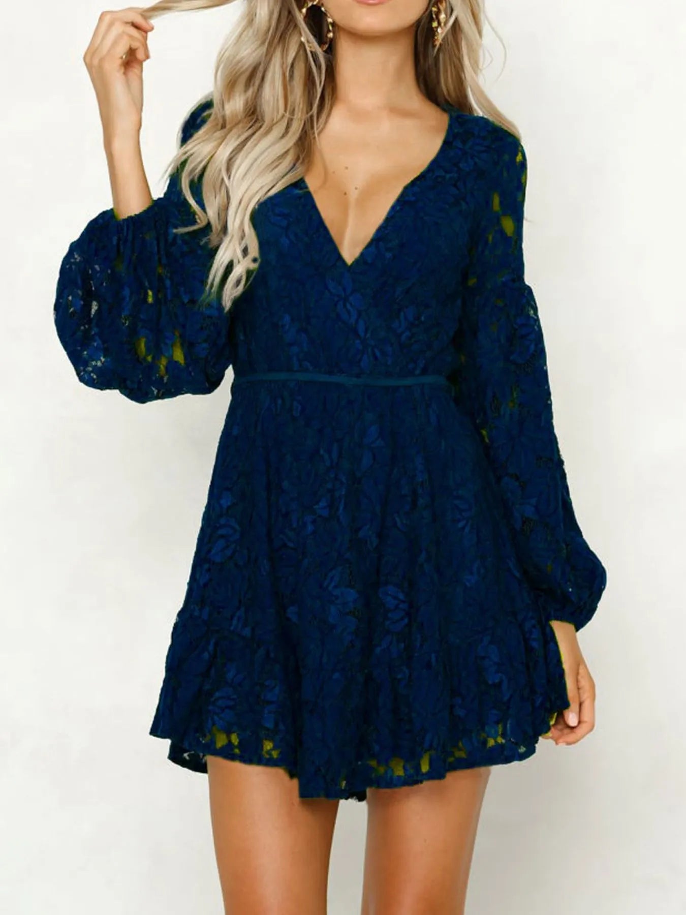 Petra Exclusive Chic Long Sleeved Lace Mini Dress with Deep V Neckline Designer Edit