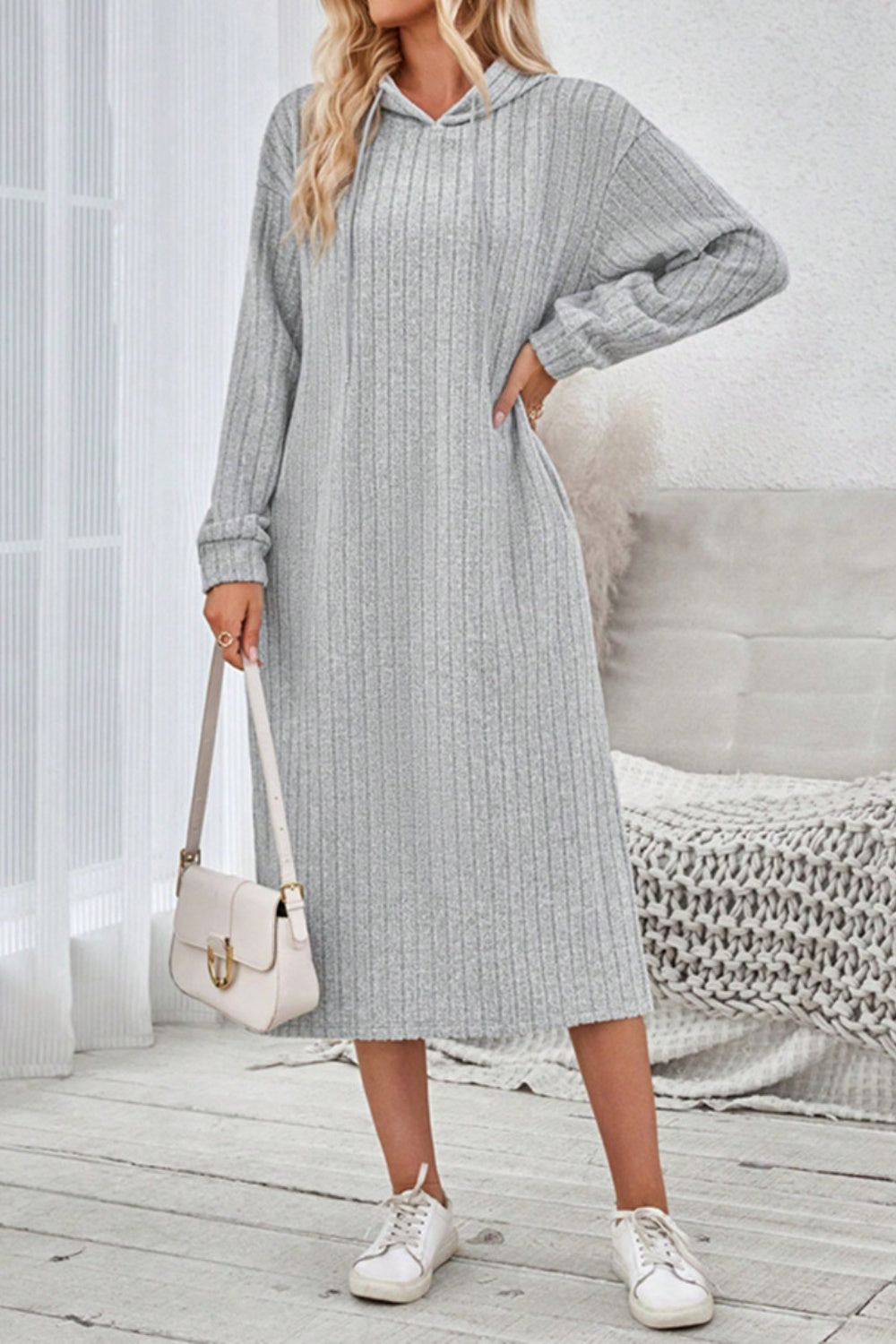 Yvonne Elevated Long Sleeve Hooded Dress with Side Slit and Drawstring Boutique Collection