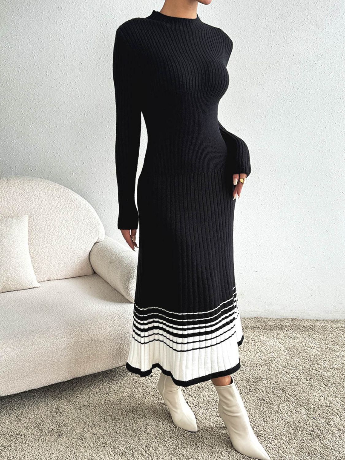 Cristina Timeless Contrasting Colored Sweater Dress with a Stand Up Collar and Long Sleeves Evening Wear Edit