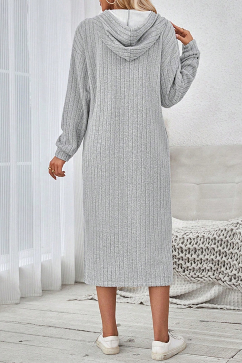 Yvonne Elevated Long Sleeve Hooded Dress with Side Slit and Drawstring Boutique Collection