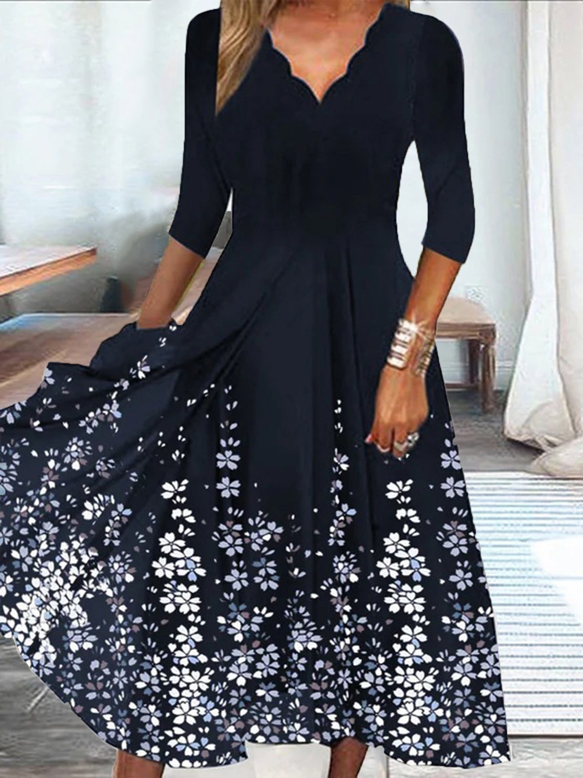 Sabrina Aesthetic Floral V Neck Midi Dress Chic Silhouette Collection