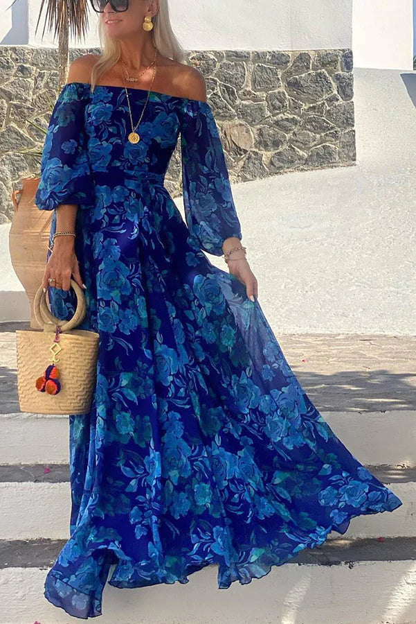 Abigail Aesthetic Floral Off Shoulder Smocked Holiday Maxi Dress Chic Silhouette Collection