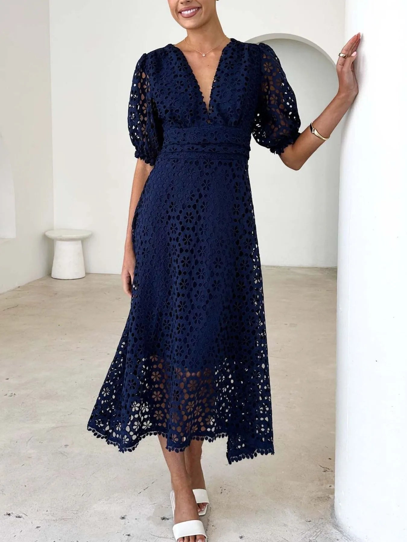 Serena Exclusive V Neck Lace Midi Dress with Puff Sleeves Chic Silhouette Collection