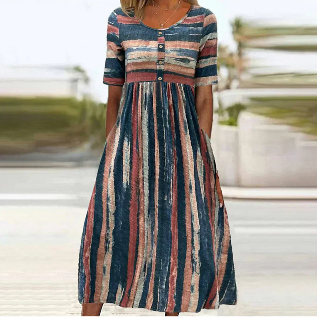Sol Statement Midi Dress with Short Sleeves and Color Block Design Evening Wear Edit