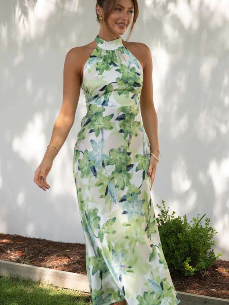 Renata Timeless Printed Halterneck Midi Dress in Backless Satin Statement Occasion Edit