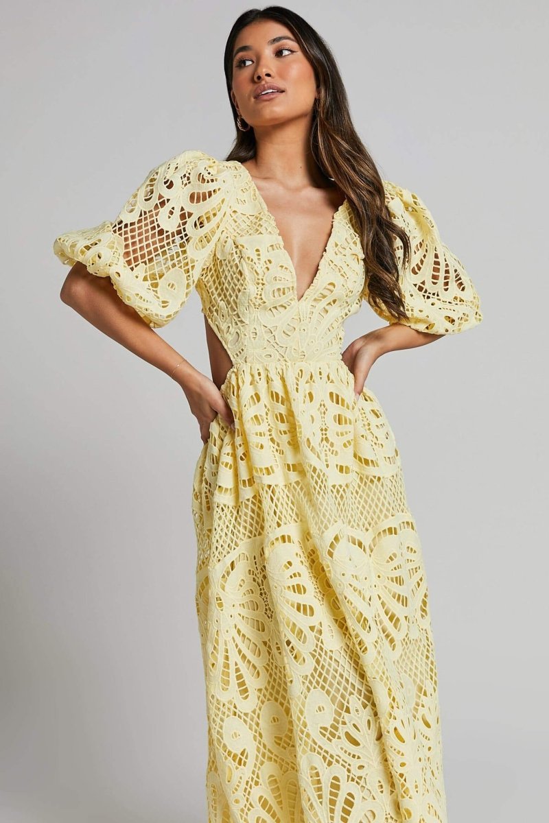 Katia Aesthetic Midi Dress with Embroidered Lace and Cutouts Elevated Occasion Wear