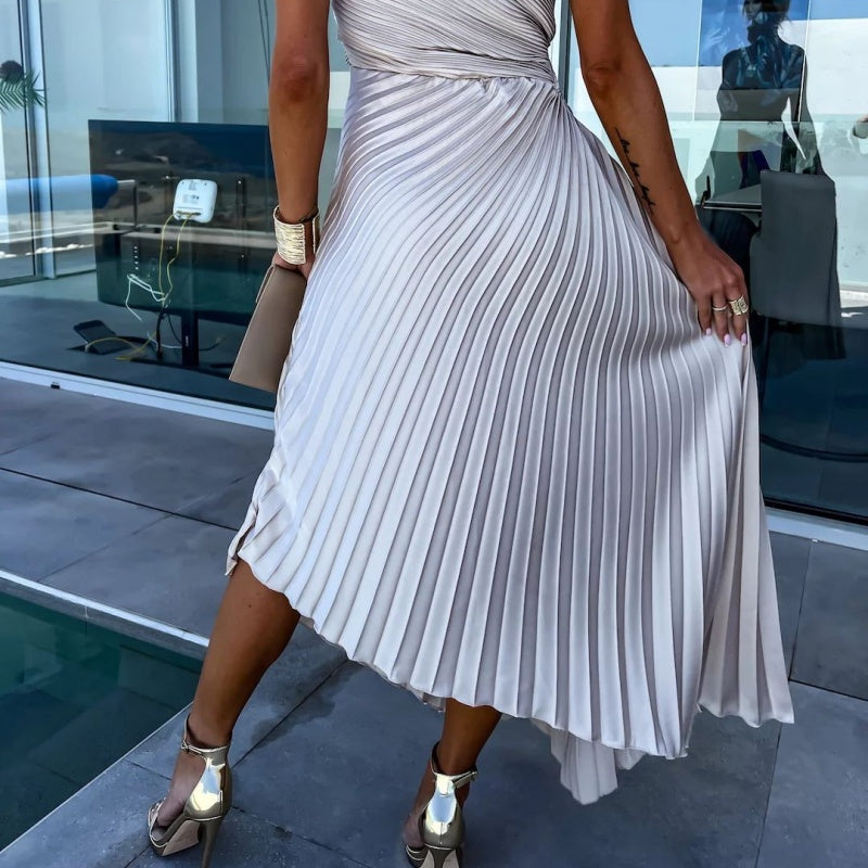 Antonia Timeless One Shoulder Pleated Maxi Dress with Hemstitching Statement Occasion Edit