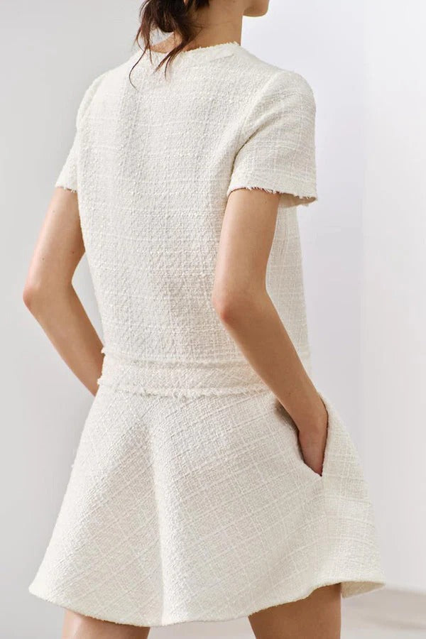 Rebekah Elevated 1960s London Girl Mini Dress in Textured Tweed with Gold Buttons and Short Sleeves and Pockets Boutique Collection