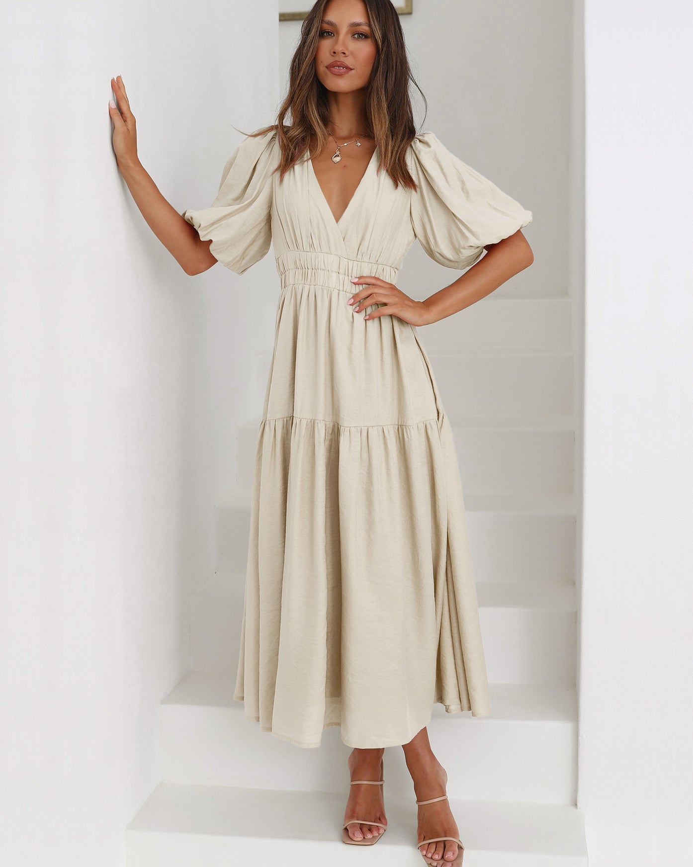 Claudia Exclusive Ruffle Midi Dress with V Neck and Puff Sleeves Premium Wardrobe Essential