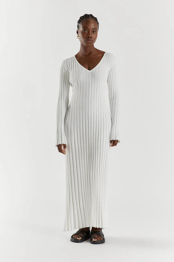 Verónica Minimalist Midi Dress with V Neck and Knitted Sleeves Elevated Occasion Wear