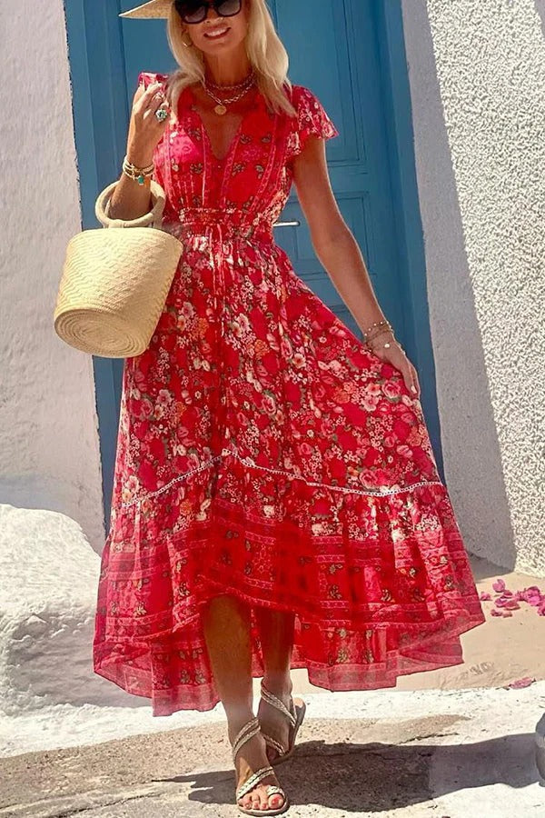 Oriana Boutique Summer in Greece Boho Print, Ruffle Sleeves, Elastic Waist, High Low Midi Dress Premium Wardrobe Essential
