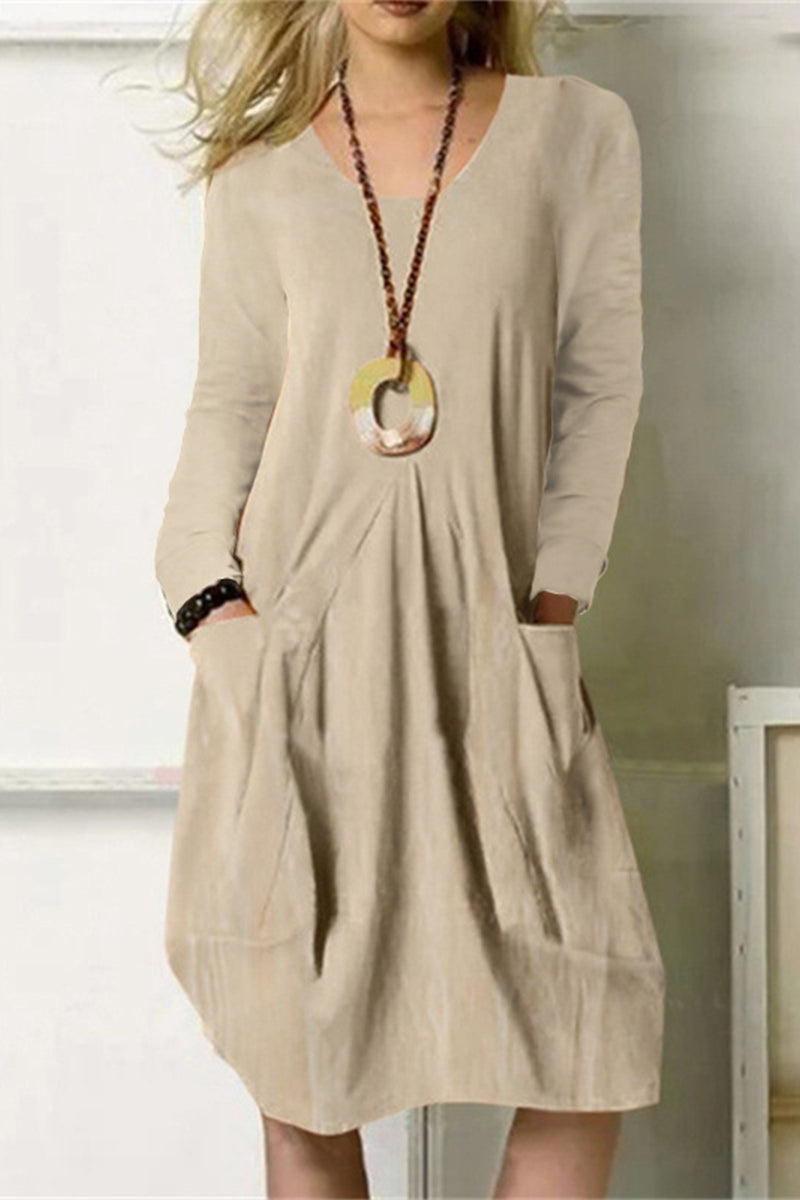 Ariadna Exclusive Dress Leisure Solid Color Pocket O Neck Long Sleeve Chic Silhouette Collection