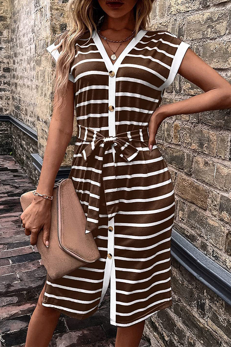 Agnese Elevated Striped Dress with V Neck and Buttoned Waist Occasion Wear
