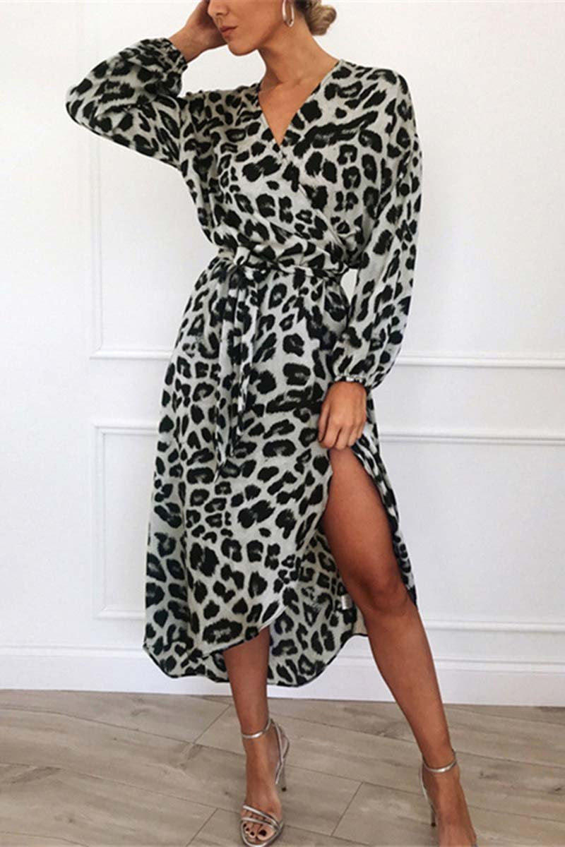 Lucia Minimalist V Neck Midi Dress with Leopard Print Waistband Elevated Occasion Wear
