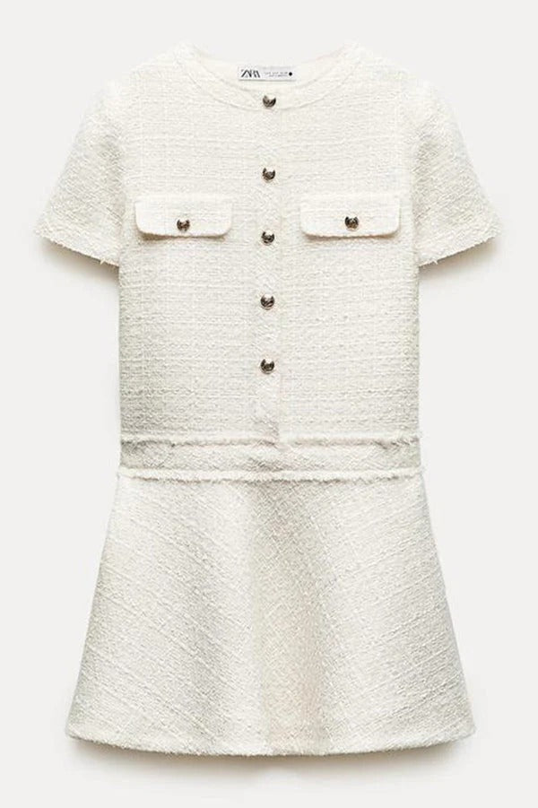 Rebekah Elevated 1960s London Girl Mini Dress in Textured Tweed with Gold Buttons and Short Sleeves and Pockets Boutique Collection