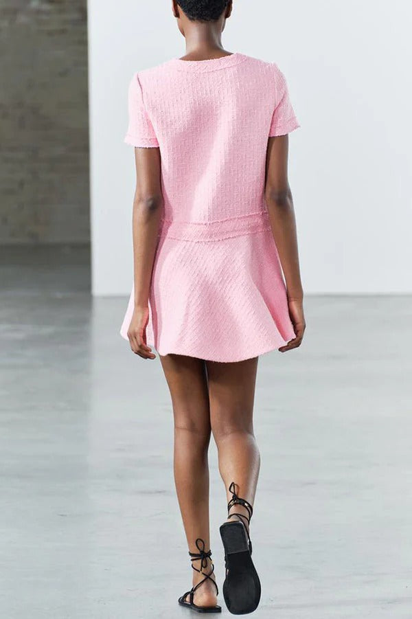 Rebekah Elevated 1960s London Girl Mini Dress in Textured Tweed with Gold Buttons and Short Sleeves and Pockets Boutique Collection