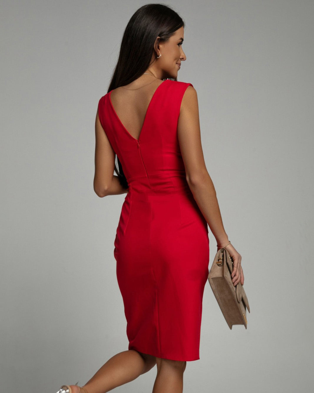 Phoebe Effortless Fitted Dress with V Neck and Slits Isa Designer Edit