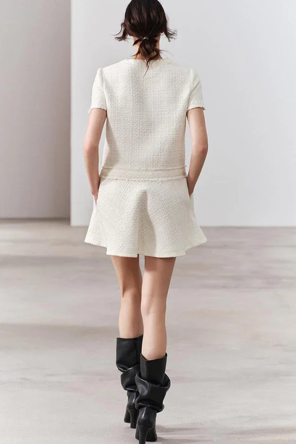Rebekah Elevated 1960s London Girl Mini Dress in Textured Tweed with Gold Buttons and Short Sleeves and Pockets Boutique Collection