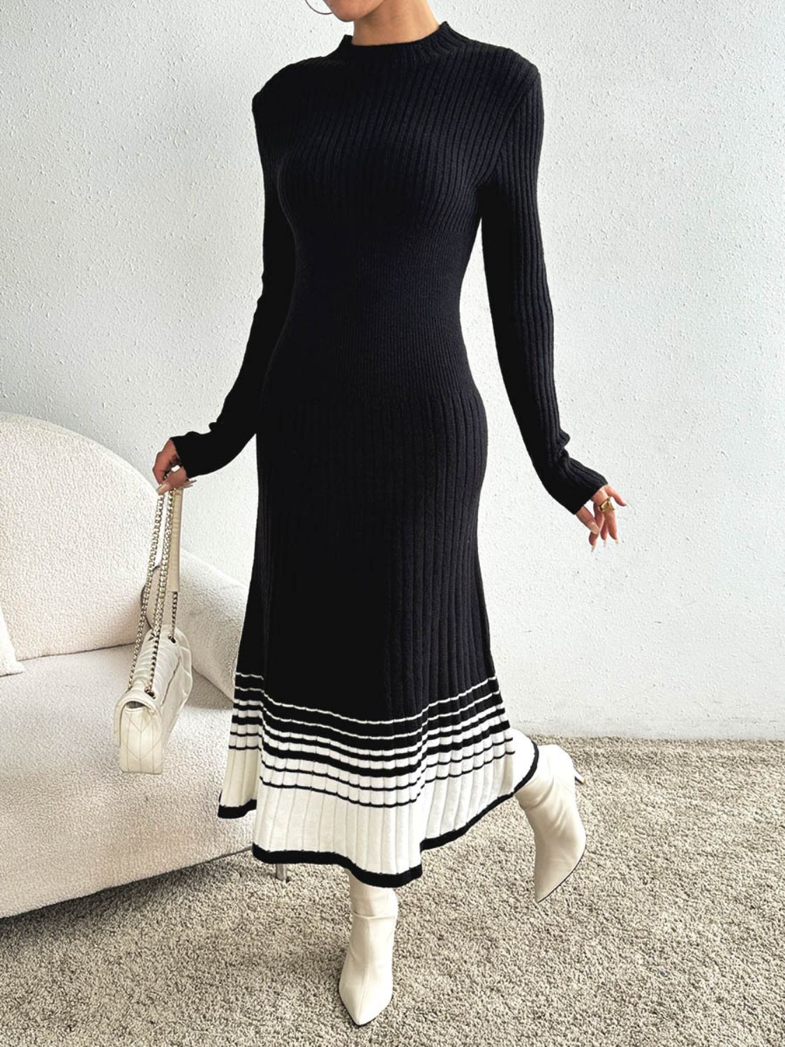 Cristina Timeless Contrasting Colored Sweater Dress with a Stand Up Collar and Long Sleeves Evening Wear Edit