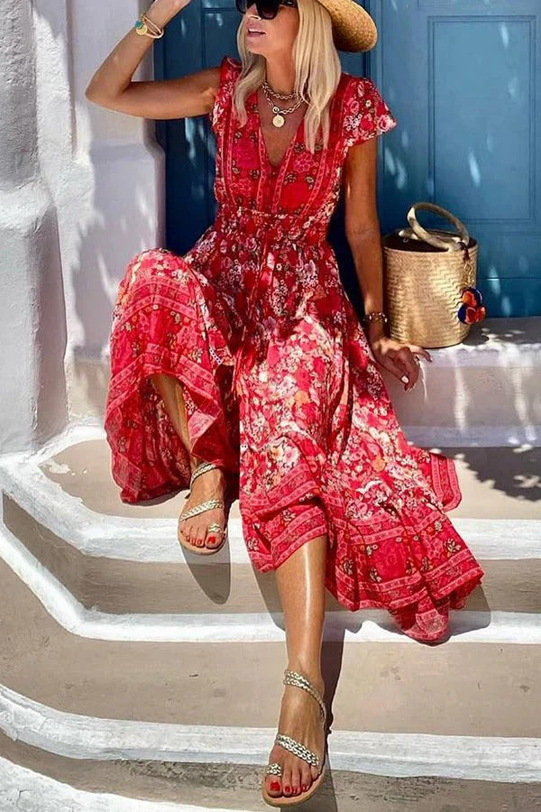 Oriana Boutique Summer in Greece Boho Print, Ruffle Sleeves, Elastic Waist, High Low Midi Dress Premium Wardrobe Essential