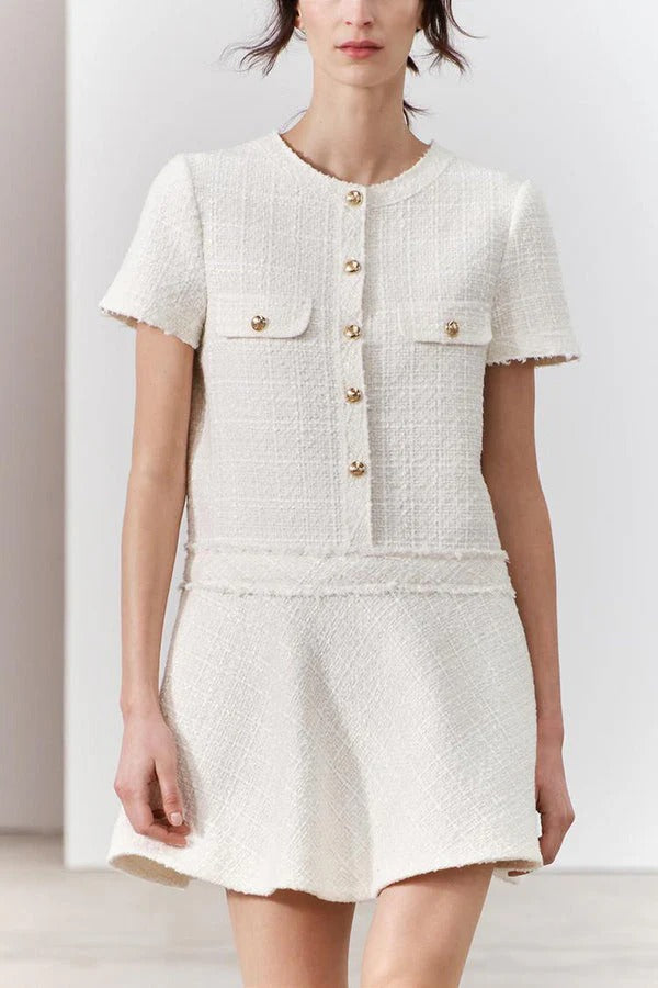 Rebekah Elevated 1960s London Girl Mini Dress in Textured Tweed with Gold Buttons and Short Sleeves and Pockets Boutique Collection