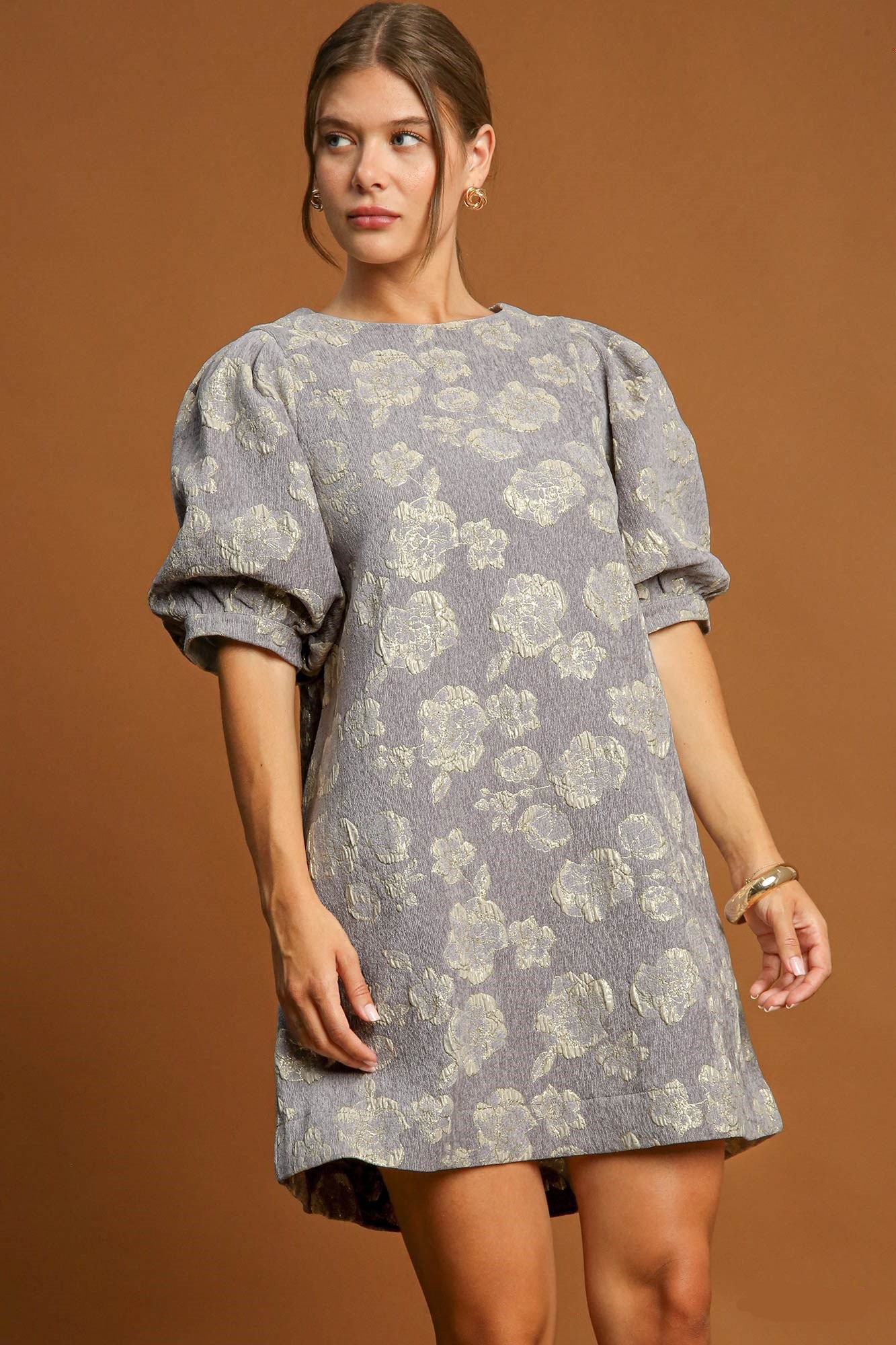 Esme Exclusive Floral Jacquard Mini Dress with Puff Sleeves Boutique Collection