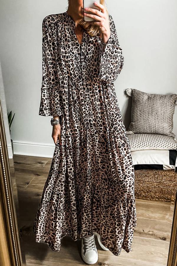 Avery Premium Apricot Tiered Leopard Print Maxi Dress with Wide Sleeves Chic Silhouette Collection