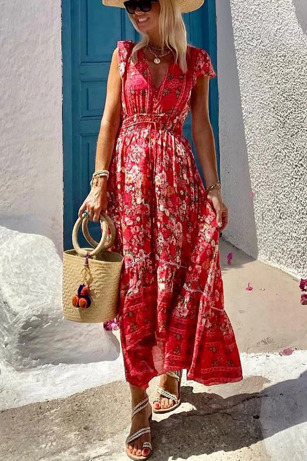 Oriana Boutique Summer in Greece Boho Print, Ruffle Sleeves, Elastic Waist, High Low Midi Dress Premium Wardrobe Essential