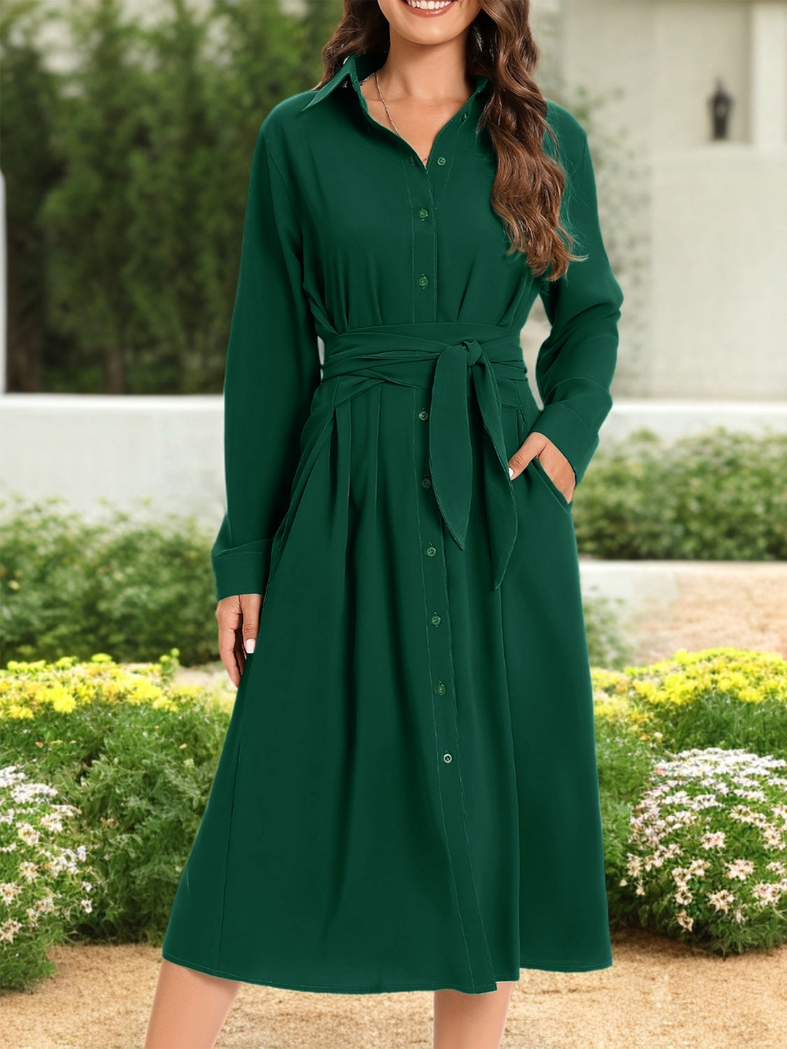 Helga Chic Long Sleeved Dress with a Tie Belt At the Waist Evening Wear Edit